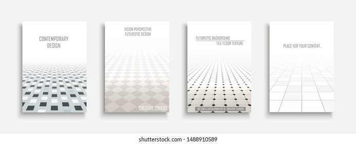 Collection of vector abstract contemporary templates, covers, placards, brochures, banners, flyers, backgrounds and etc. White futuristic tile floor design with perspective and geometric shapes.