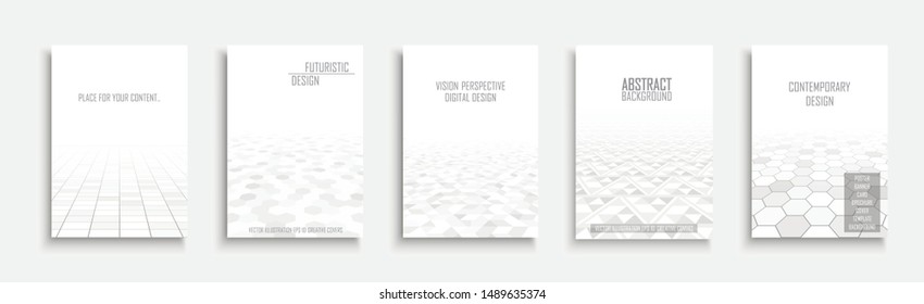 Collection of vector abstract contemporary templates, covers, placards, brochures, banners, flyers, backgrounds and etc. White futuristic tile floor design with perspective and gray geometric shapes.