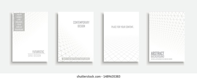 Collection of vector abstract contemporary templates, covers, placards, brochures, banners, flyers, backgrounds. White futuristic creative 3d design with grid geometric vision perspective.