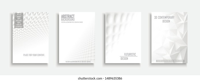 Collection of vector abstract contemporary templates, covers, placards, brochures, banners, flyers, backgrounds. White futuristic creative 3d design with geometric shapes and vision perspective.