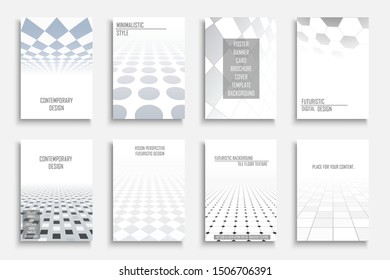 Collection of vector abstract contemporary templates, covers, placards, brochures, banners, flyers, booklets, backgrounds and etc. White and gray futuristic digital technology design with perspective.