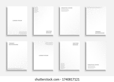 Colección de plantillas, carteles, folletos, pancartas, folletos, folletos y fondos de vectores contemporáneos abstractos. Fundas de rayas geométricas blancas con perspectiva. Diseño futurista digital