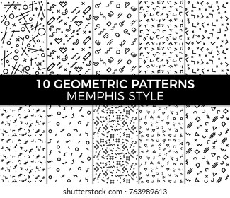 Collection of vector abstract geometric patterns in Memphis style. 80's and 90's designs in black and white can be used for backgrounds, banners, textile, flyers, cards, etc