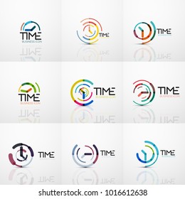 Sammlung von Vektorgrafik-abstrakten Logo-Ideen, Zeitkonzepten oder Uhren-Icon-Set. Designvorlagen für kreative Logotypen