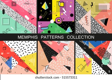 Collection of vector abstract memphis patterns with geometric shapes. Retro fashion style 80-90s.