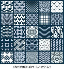 Collection of vector abstract seamless compositions, symmetric ornate backgrounds created with simple geometric shapes. Black and white.