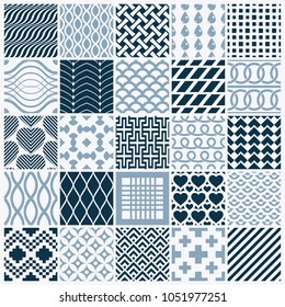 Collection of vector abstract seamless compositions, symmetric ornate backgrounds created with simple geometric shapes. Black and white.