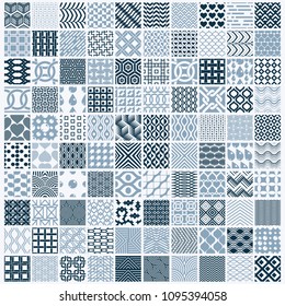 Collection of vector abstract seamless compositions, symmetric ornate backgrounds created with simple geometric shapes. Black and white.