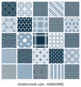 Collection of vector abstract seamless compositions, symmetric ornate backgrounds created with simple geometric shapes. Black and white.
