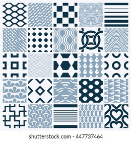 Collection of vector abstract seamless compositions, symmetric ornate backgrounds created with simple geometric shapes. Black and white.