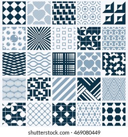 Collection of vector abstract seamless compositions, symmetric ornate backgrounds created with simple geometric shapes. Black and white.