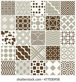 Collection of vector abstract seamless compositions best for use as wrapping papers, symmetric ornate backgrounds created with simple geometric shapes. 