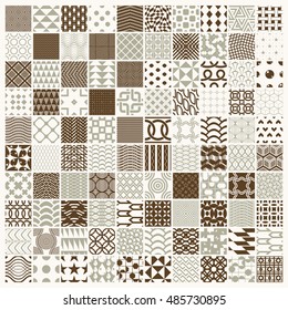 Collection of vector abstract seamless compositions best for use as wrapping papers, symmetric ornate backgrounds created with simple geometric shapes. 