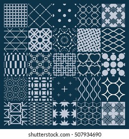 Collection of vector abstract seamless compositions, symmetric ornate backgrounds created with simple geometric shapes. Black and white.