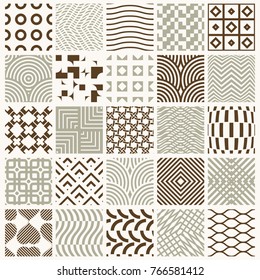 Collection of vector abstract seamless compositions best for use as wrapping papers, symmetric ornate backgrounds created with simple geometric shapes. 