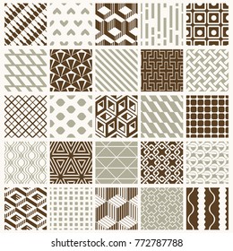 Collection of vector abstract seamless compositions best for use as wrapping papers, symmetric ornate backgrounds created with simple geometric shapes. 