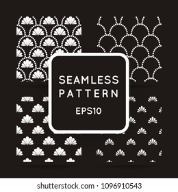 Collection of vector abstract seamless wavy pattern with dotted geometrical fish scale layout with flowers. Textile print, page fill, batik, texture