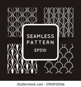 Collection of vector abstract seamless wavy pattern with dotted geometrical fish scale layout with flowers. Textile print, page fill, batik, texture