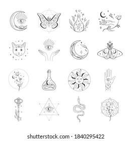 Collection of vector abstract spiritual line drawing logo design templates and elements, frames, detailed decorative illustrations and icons for various ocasions and purposes. Trendy lineart style