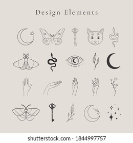 Collection of vector abstract spiritual line drawing logo design elements, decorative illustrations and icons for various ocasions and purposes. Trendy lineart style