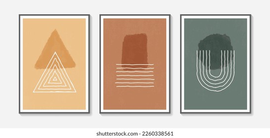 Collection of vector abstract wall art. Boho color geometry shape. Artistic design for poster, print, cover, wallpaper, minimalistic and natural wall art. Vector illustration with grunge texture.