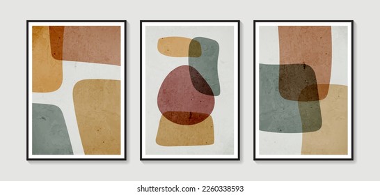 Collection of vector abstract wall art. Boho color organic shape. Artistic design for poster, print, cover, wallpaper, minimalistic and natural wall art. Vector illustration with grunge texture.