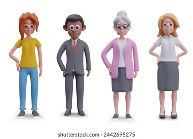 Collection of vector adult characters in cartoon style. Men and women standing, front view