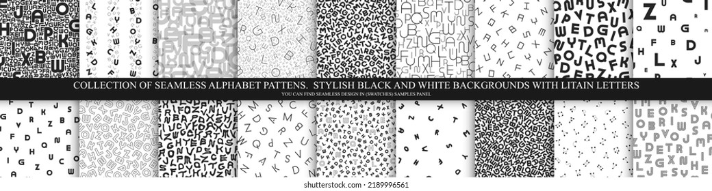 Collection of vector alphabet patterns, covers. Stylish black and white backgrounds with latin letters. Fashion monochrome prints. 