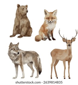Collection of vector animal clip arts including bear, fox, deer, and wolf. Great for kids’ books, posters, and digital artwork.