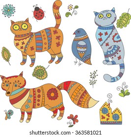 Collection of vector animals, leaves and flowers for design