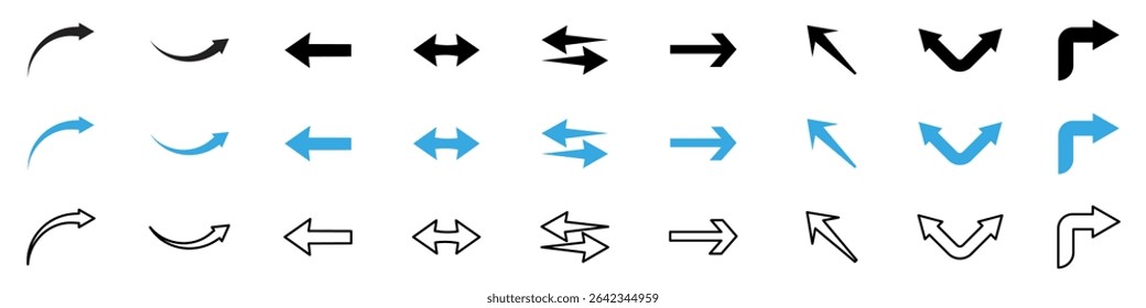 Collection of vector arrow icons in multiple styles including curved, straight, left, right, up, down, outlined, filled, and two-tone arrows for web design, infographics, UI, and navigation use
