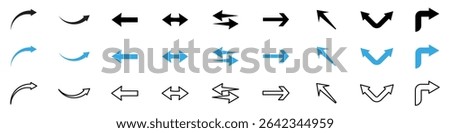 Collection of vector arrow icons in multiple styles including curved, straight, left, right, up, down, outlined, filled, and two-tone arrows for web design, infographics, UI, and navigation use