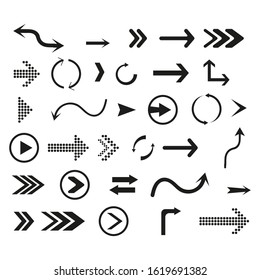 Collection of vector arrows. Black arrows cursors set icon, back, side, preview of applications or values ??of web design, mobile application, map. Flat style on white background. Vector illustration