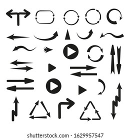 Collection of vector arrows. Black arrows cursors set icon, back, side, preview of applications or values of web design, mobile application, map. Flat style on white background. Vector illustration