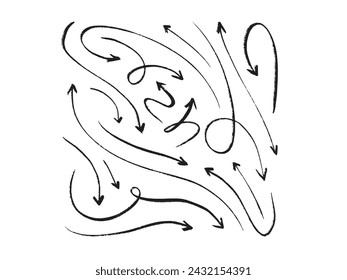 Colección de flechas vectoriales de dibujo de arte lineal. Flecha. Cursor. Flechas simples modernas. Flechas de vector aisladas dibujadas a mano sobre fondo blanco