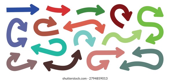 A collection of vector arrows in various curves and directions, featuring multiple hues and a flat style.