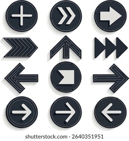 Collection of vector arrows in various styles and directions.  The design features dark and light gray colors, flat style with drop shadows.  
