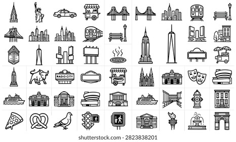 A collection of vector art icons representing famous New York City landmarks and symbols for design.