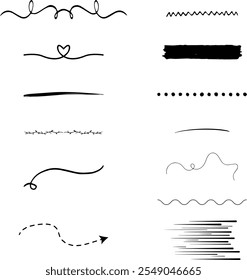 Collection of vector art, lines, divider, speed lines, underlines. Elements on isolated white background.
