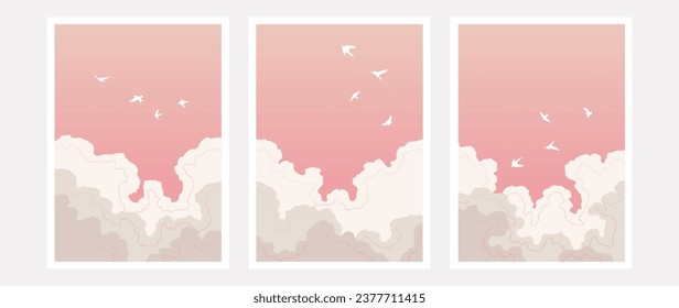 Colección de arte vectorial, un conjunto de cuadros para el interior con pájaros blancos volando al atardecer. Nubes esponjosas sobre un fondo rosa, de estilo minimalista, con un dibujo a mano líquido para la decoración y