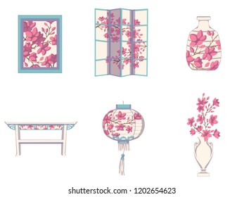 Collection of vector asian home decor items with cherry blossom fowers