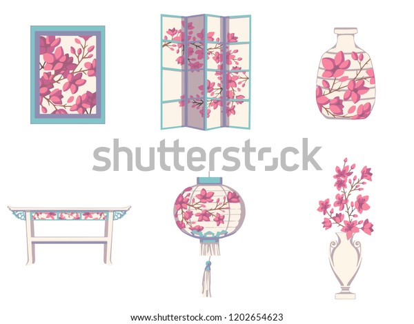 Collection Vector Asian Home Decor Items Royalty Free Stock Image