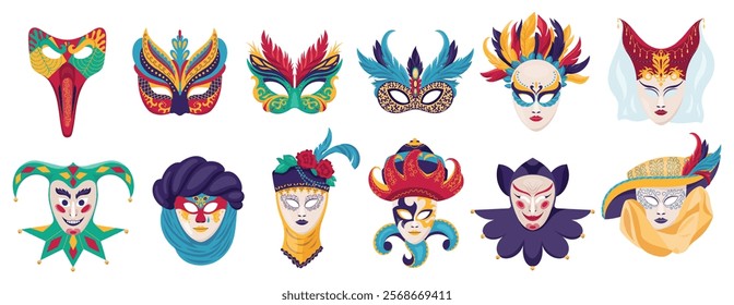 Collection vector authentic venetian painted carnival masks. Mardi gras holiday feather masque. Masquerade party face disguise accessory capturing spirit of celebration and intrigue at masquerade ball