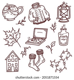 Colección de elementos de contorno de otoño vectorial sobre un fondo blanco. Iconos acogedores de época. vela, suéter, medias, taza, casa, linterna, hojas, reproductor de discos