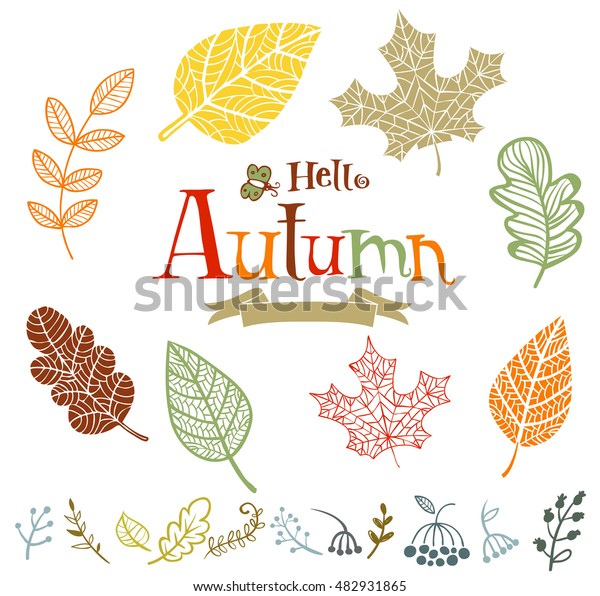 Collection of\
vector autumn leaves in doodle\
style.