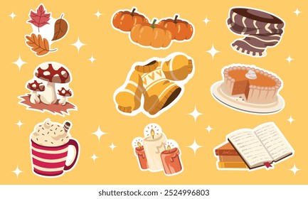 Collection of vector autumn set. fall leaves, pumpkin, scarf, mushroom, sweater, pumpkin pie, hot chocolate, candles, and books.