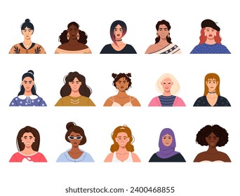 A collection of vector avatars of modern diverse multicultural multinational women. A set of portraits of young women of different races. Vector illustration in a flat style