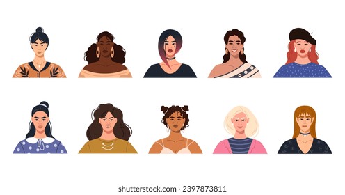 A collection of vector avatars of modern multicultural multinational women with different hairstyles. A set of portraits of young women of different races. Bright vector illustration in a flat style