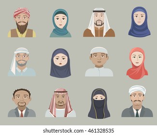 Sammlung von Vektoravataren muslimischen Männern und Frauen . Cartoon-Porträts arabischer Menschen