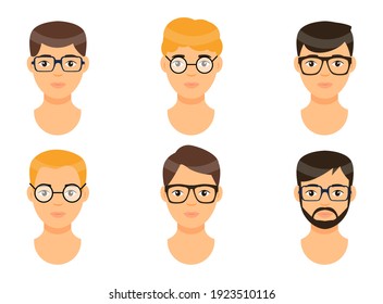 Collection of vector avatars of young men wearing eyeglasses. Guys with different hairstyle, blond, brown. Bearded hipster in glasses. Set of cartoon characters for using at website or apps. Male face